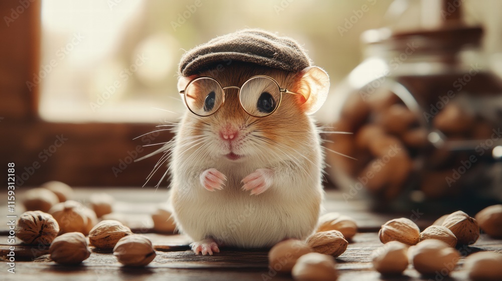 Aufkleber cute hamster with round glasses and tiny cap surrounded by nuts in a cozy setting. generative ai