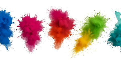 Multicolored rainbow holi explosion of cloud powder holi paint decoration isolated on transparent background. Vector abstract colorful rainbow paint festival background.