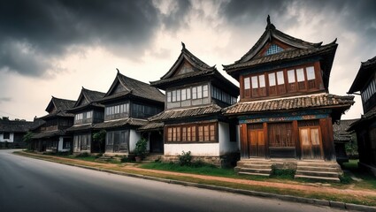 Obraz premium Traditional Asian wooden houses line a quiet street under a dramatic cloudy sky, showcasing cultural heritage and architectural beauty