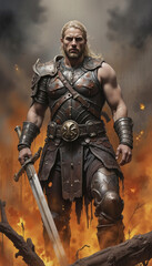 Charismatic man with long hair in medieval armor with sword in fire and sparks