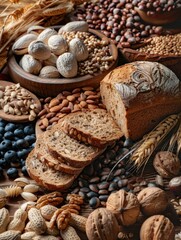 A variety of nutritious breads and nuts on a table, including whole grain loaves, almonds, cashews, peanuts, and wheat berries.