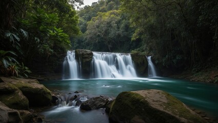 Obraz premium Stunning waterfall cascading into tranquil pool, surrounded by lush greenery and rocky landscape, creating a serene atmosphere for relaxation and exploration