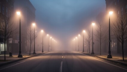 Foggy street illuminated by lampposts, creating a calm and eerie atmosphere, ideal for scenes of tranquility, solitude, or urban exploration