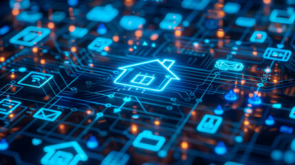 A futuristic smart home concept featuring a glowing neon house icon connected to a digital circuit board