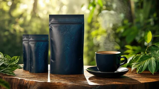 Modern coffee packaging design mockup in natural setting for branding and marketing