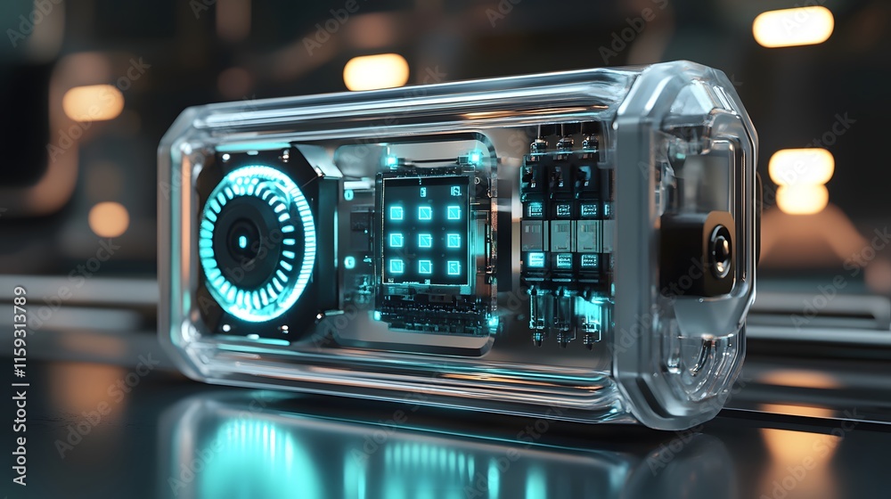 Poster futuristic transparent computer processor showcase