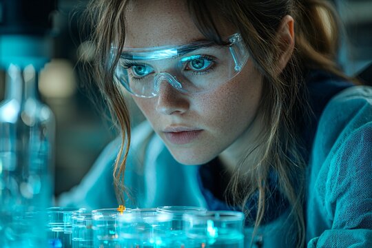 Serious concentrated female microbiologist in sterile clothing and safety goggles sitting at table and dropping reagent in petri dish while doing research in laboratory