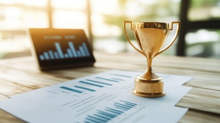 Golden Trophy on Financial Documents: Celebrating Business Success