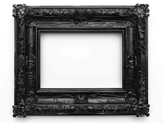 An empty, black picture frame with a decorative wooden design, suitable for hanging on walls to display framed art or photographs.
