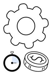 Gear representing work, timer symbolizing time management, coin indicating financial aspects. Ideal for business, productivity, economics, finance, management, efficiency time management themes