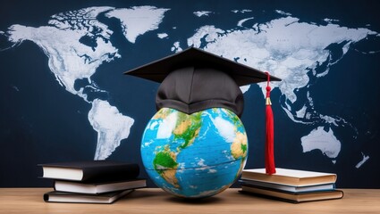 Graduation cap atop globe with books  symbolizes global education, achievement, and the interconnection of knowledge across cultures