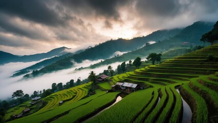 Fototapeta premium Stunning rice terraces in tranquil rural landscape at sunrise, featuring lush green fields, misty mountains, and a serene atmosphere