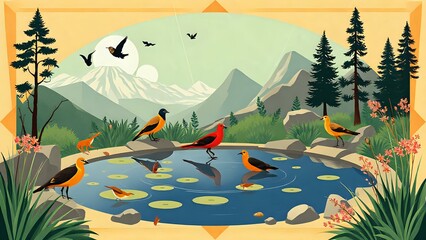 Stylized Art Deco Mountain Landscape with Birds