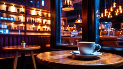 Cozy café setting featuring a cup of coffee on a wooden table, warm ambiance highlighted by elegant lighting, ideal for relaxation and socializing
