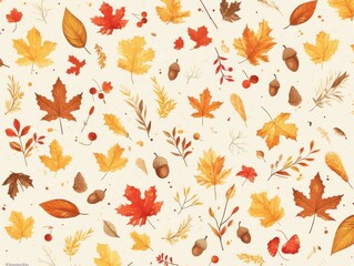 Obraz premium A pattern of autumn leaves and acorns on a light background.