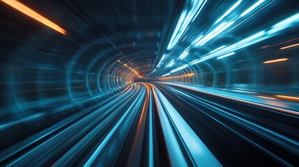 Fototapeta premium High-Speed Train in Futuristic Tunnel, Blue and Orange Lights