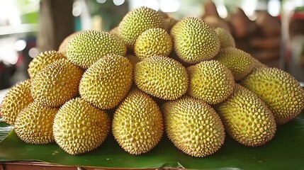 A pile of green spiky durian fruit on a banana leaf at a market.