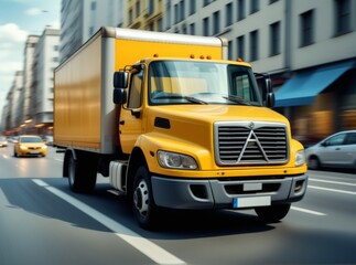 Bright yellow delivery truck drives through busy city street during daylight hours