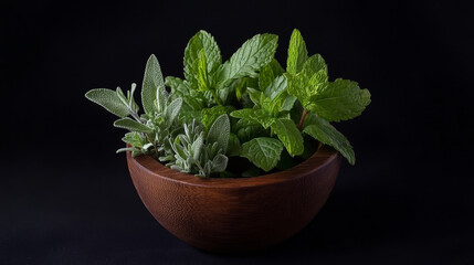 "Fresh Organic Aromatic Herbs &ndash; Mint, Peppermint, Rosemary, Thyme, and Sage in a Wooden Mortar with Pestle on Black Background."


