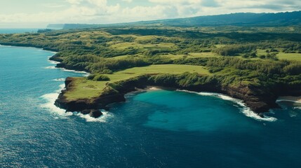 Serene Ocean View with Gentle Waves and Lush Landscape