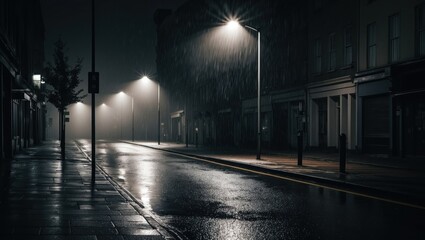 Dark, quiet street illuminated by streetlights, rain creating reflective surfaces, setting evokes solitude and mystery in a city environment