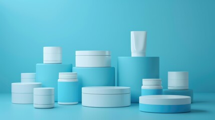 Blue background with a variety of containers, including bottles and jars, arranged in a pyramid shape. The containers are of different sizes and shapes, and they are all white
