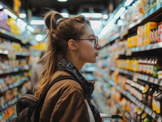 A woman in glasses browses produce in a supermarket.