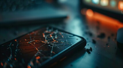 Close-up of a cracked smartphone screen with glitching digital interface, symbolizing technology malfunction, on a minimalistic desk. Concept of digital failure, device damage, and modern tech issues