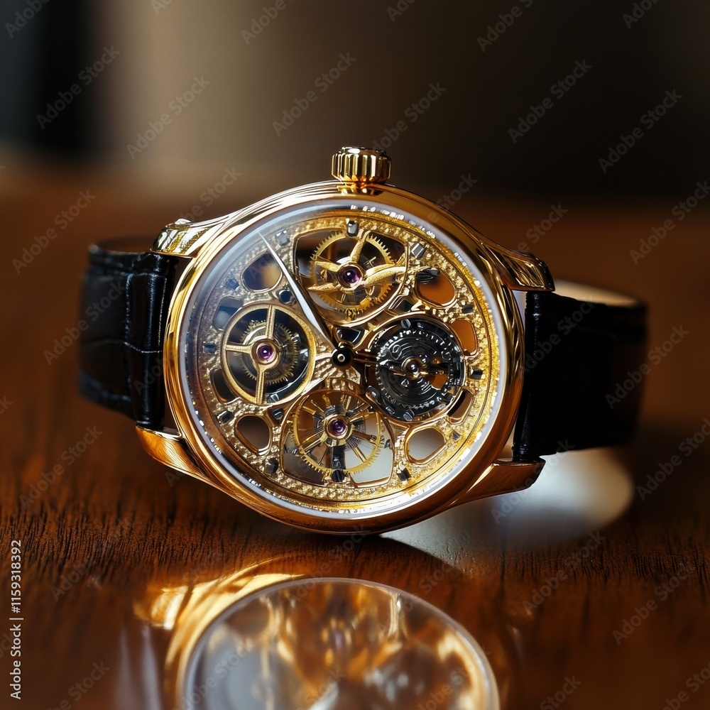 Aufkleber Luxurious wristwatch with intricate golden frame and detailed craftsmanship displayed on wooden surface. Generative AI