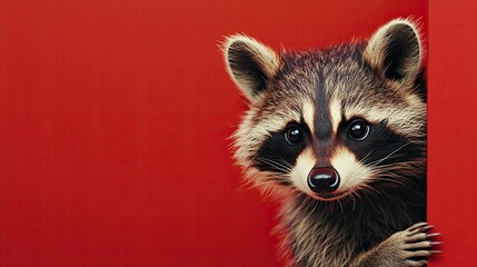 a raccoon cautiously peeks around the corner on a red background. Copy space. generative AI.