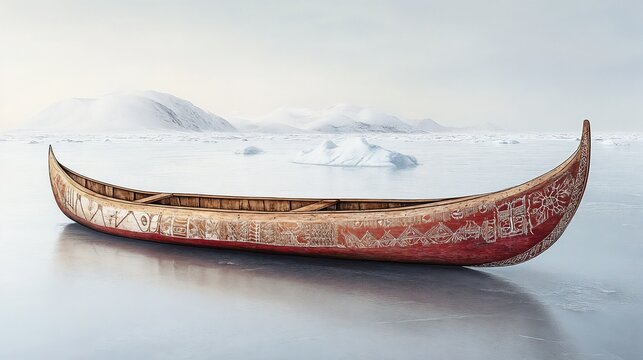Yupik wedding kayak on icy water background