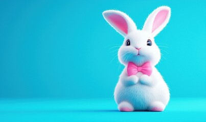 Obraz premium Cute 3D bunny in a pink bow tie against a bright blue background for a cheerful Easter theme