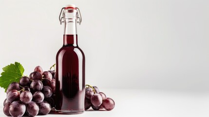 Obraz premium Bottle of red wine next to cluster of grapes on white background. Aged appearance suggesting maturity.