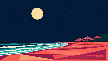 Art Deco Moonlit Beach Scene