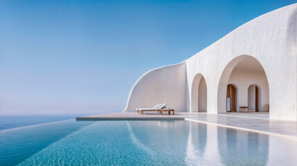 Terrasse avec piscinie d'une villa blanche minimaliste au bord de la mer