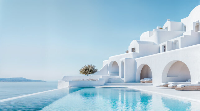 Terrasse avec piscinie d'une villa blanche minimaliste au bord de la mer