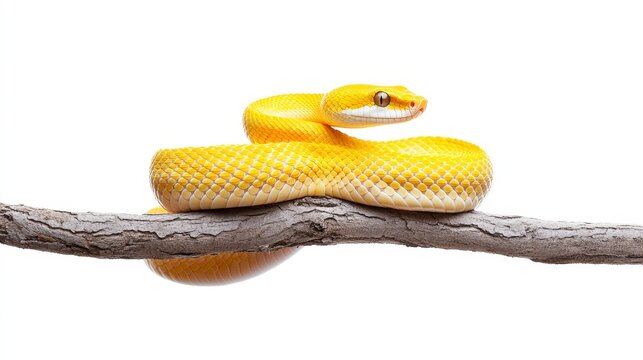 Stunning Yellow Python Coiled Gracefully on a Natural Wooden Branch Against a Clean White Background for Stunning Nature Photography and Wildlife Art