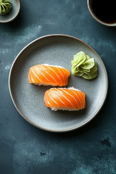 salmon sushi on a clay artisan plate, top view