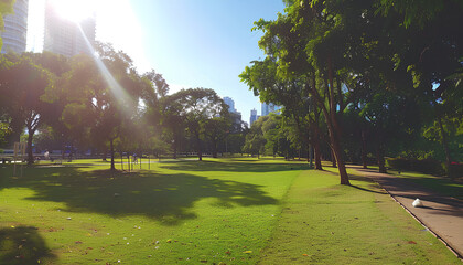 Obraz premium Beautiful green city park with blue sky. Pathway and beautiful trees track for running or walking and cycling relax in the park on green grass field on the side. Sunlight and flare background concept