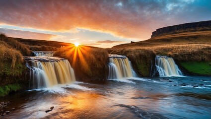 Fototapeta premium Stunning sunset over cascading waterfalls, highlighting the beauty of nature with vibrant colors and serene atmosphere Perfect for travel and landscape photography