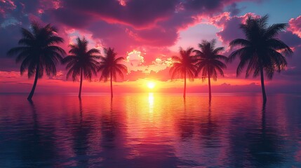 Obraz premium Black palm tree silhouettes against vibrant colorful sunset sky, tropical beach vector banner illustration background for exotic themes and nature designs