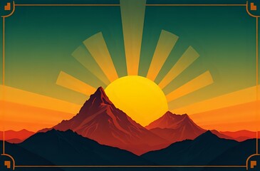 Art Deco Mountain Sunset with Vibrant Colors