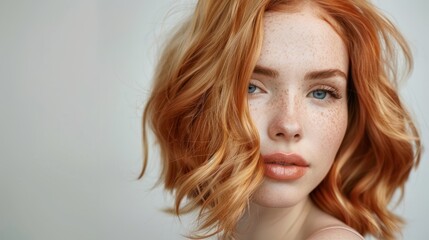 Naklejka premium Young woman with vibrant red highlighted wavy hair and freckles.