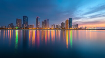 Obraz premium Vibrant Cityscape at Night with Reflections