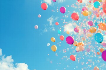 Colorful balloons floating joyfully in a clear blue sky during a sunny day in a festive outdoor setting. Generative AI