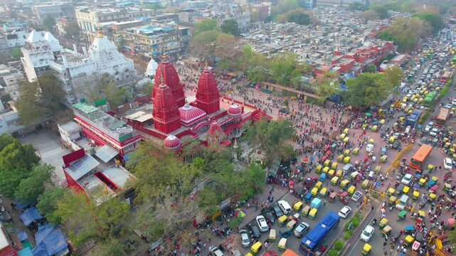 Birla Mandir temple, India Traffic aerial city view in Delhi Drone 4K
