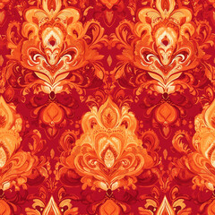 Vibrant red and orange damask pattern featuring intricate floral motifs, ideal for textiles or wallpaper design.