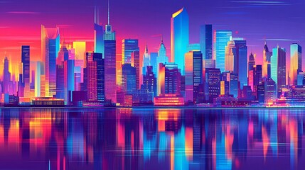 Fototapeta premium Vibrant Night Cityscape with Illuminated Buildings