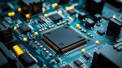 Close up of a circuit board showcasing a microchip and electronic components, highlighting technology and innovation in electronics