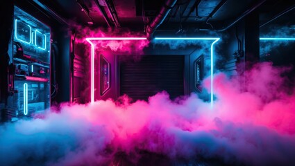 Obraz premium Futuristic indoor space featuring vibrant neon lights and fog, creating an immersive and atmospheric environment ideal for modern events